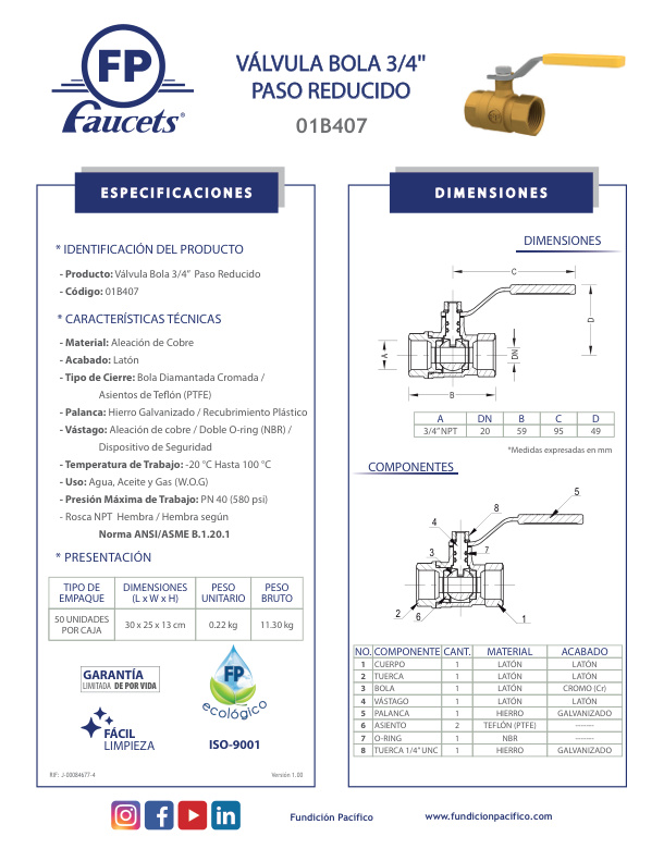 Válvula de Bola 3/4 de Latón para Agua y Gas (Paso Reducido)