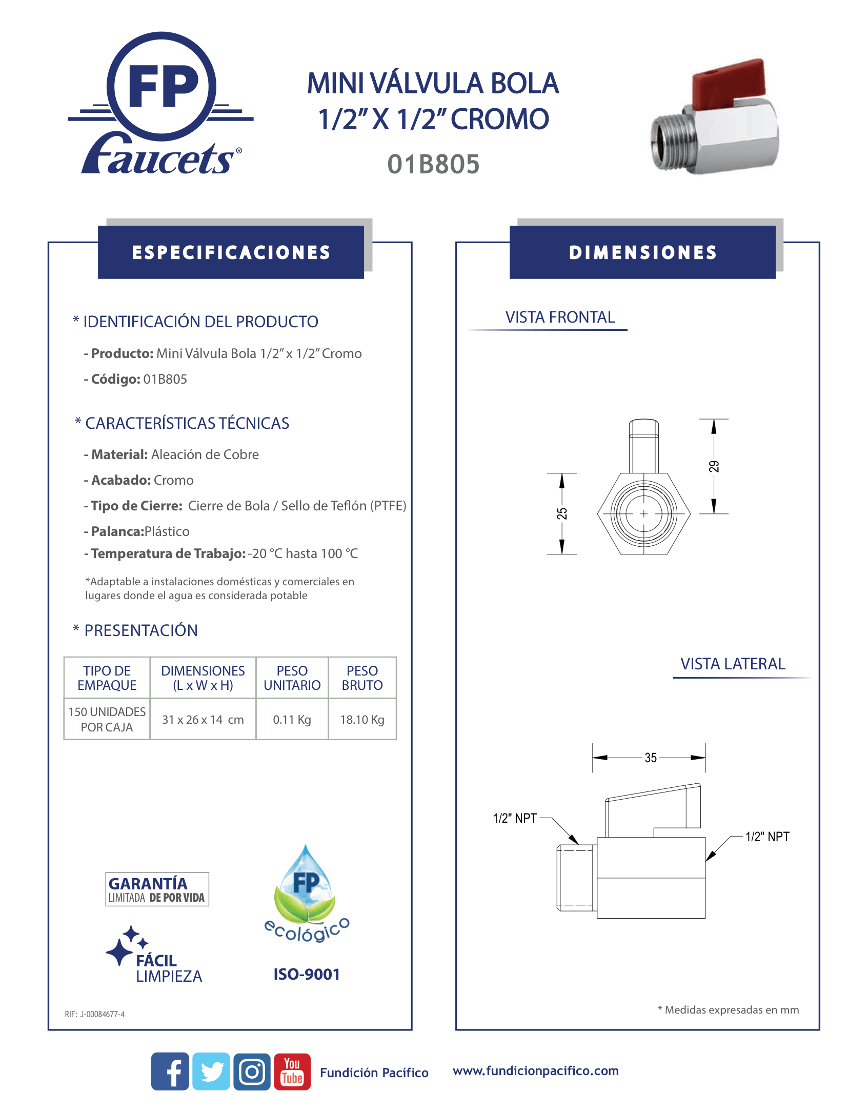 Mini Válvula de Bola CROMADA DE 1/2 Pulgada Para Control de Agua