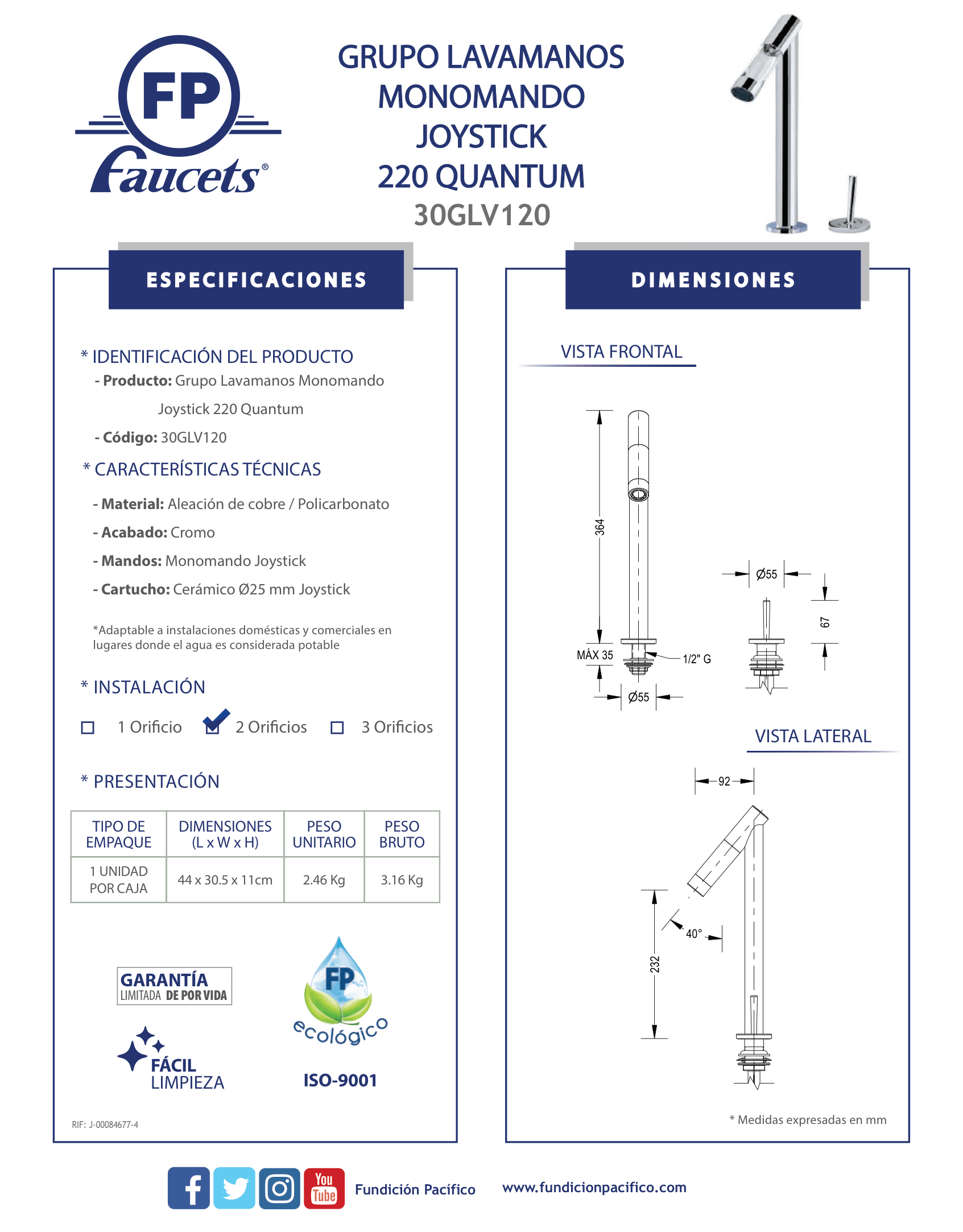 Grifo monomando joystick 220 Quantum para lavamanos, alta eficiencia y estilo contemporáneo.