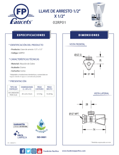 Llave de Arresto 1/2 x 1/2 de Bronce para Agua: Válvula de Paso para Baños y Cocinas