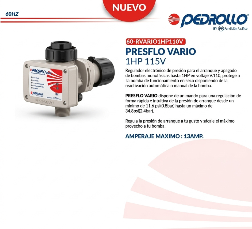 Regulador Electrónico de Presión Pedrollo PRESFLO VARIO 1HP 115V