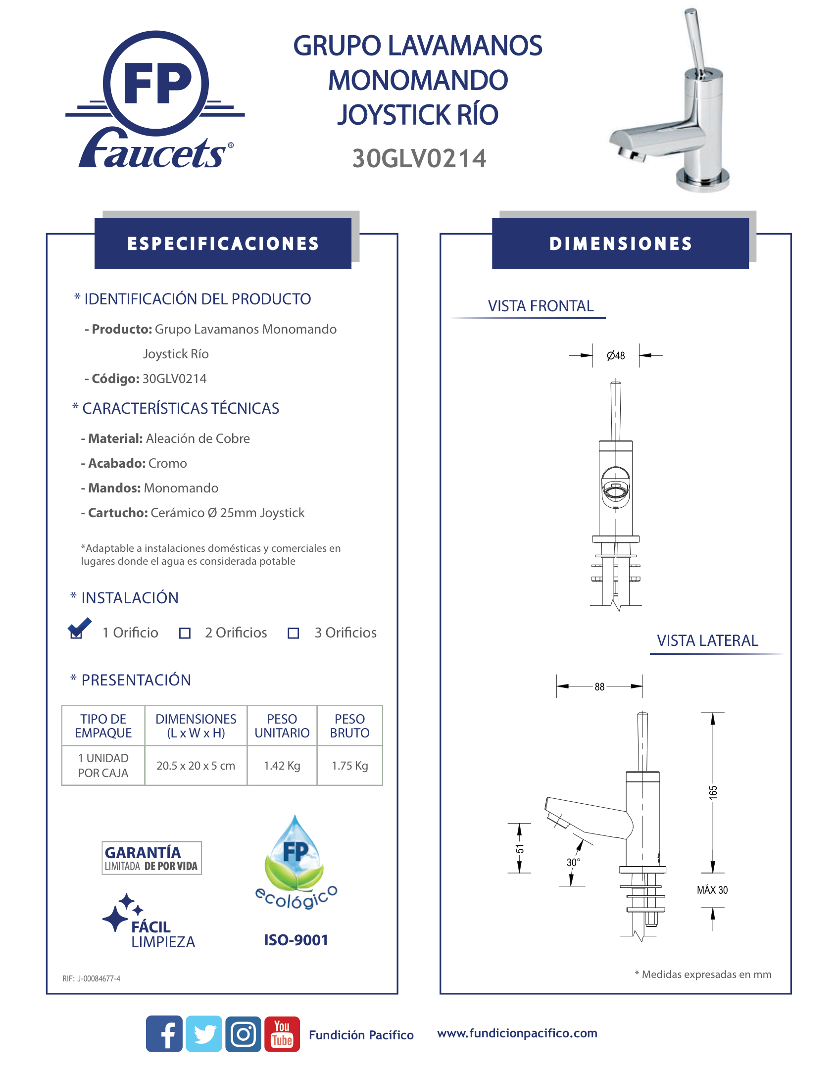 Grupo de lavamanos monomando joystick línea Río sin desagüe, calidad y control preciso.