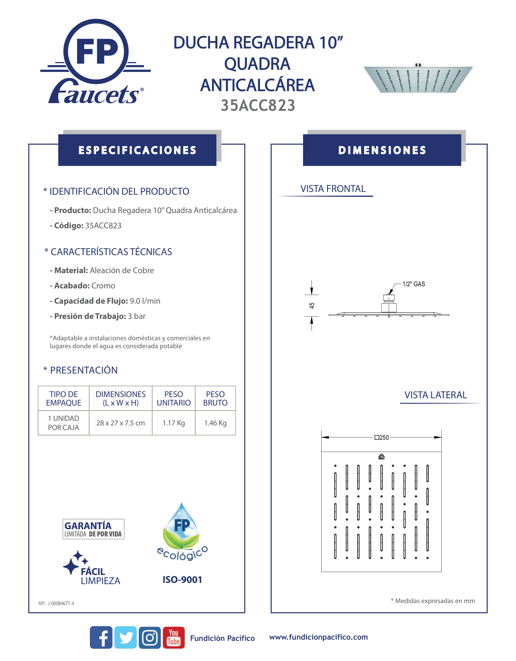 Regadera de ducha cuadrada de 10