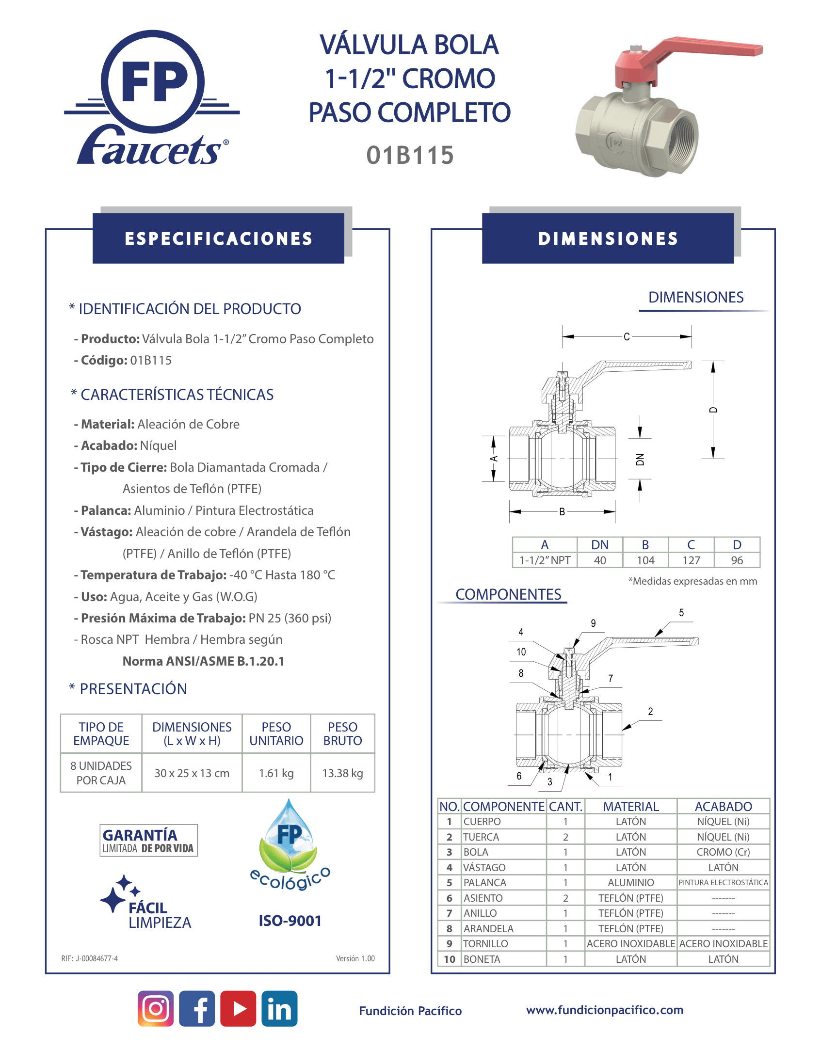 Válvula de Bola de 1-1/2 Pulgadas con Cromo y Paso Completo para Control de Fluidos