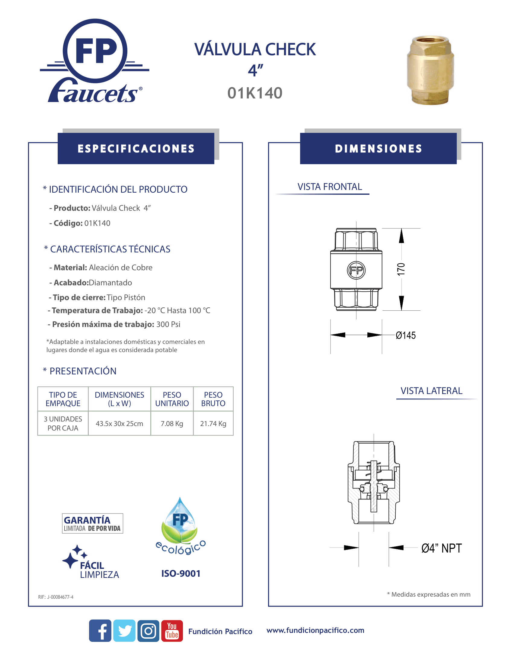 Válvula Check de 4 Pulgadas en Aleación de Cobre para Control de Flujo de Agua Potable