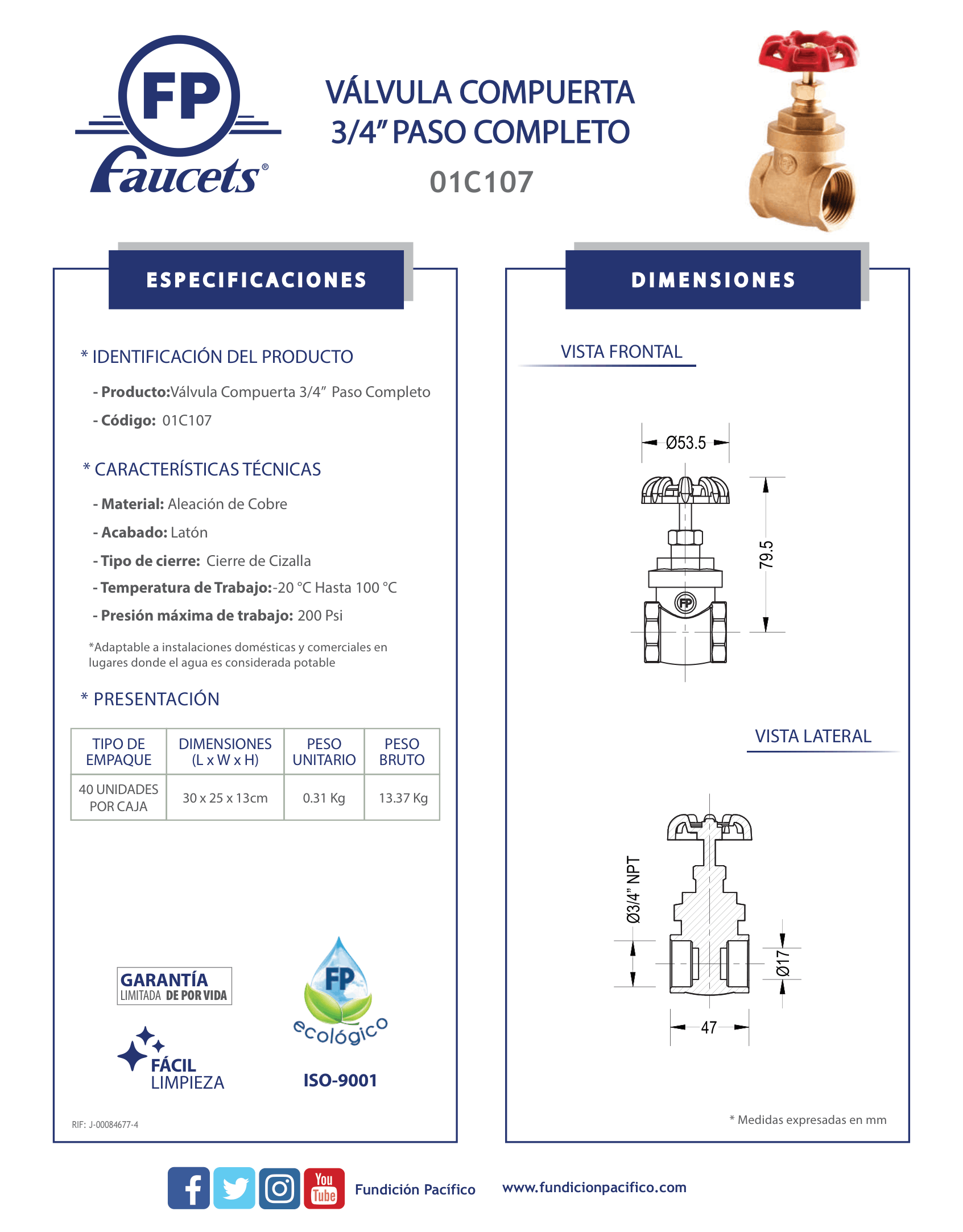 Válvula Compuerta 3/4 pulgadas Paso Completo Fundición Pacífico (01C107)